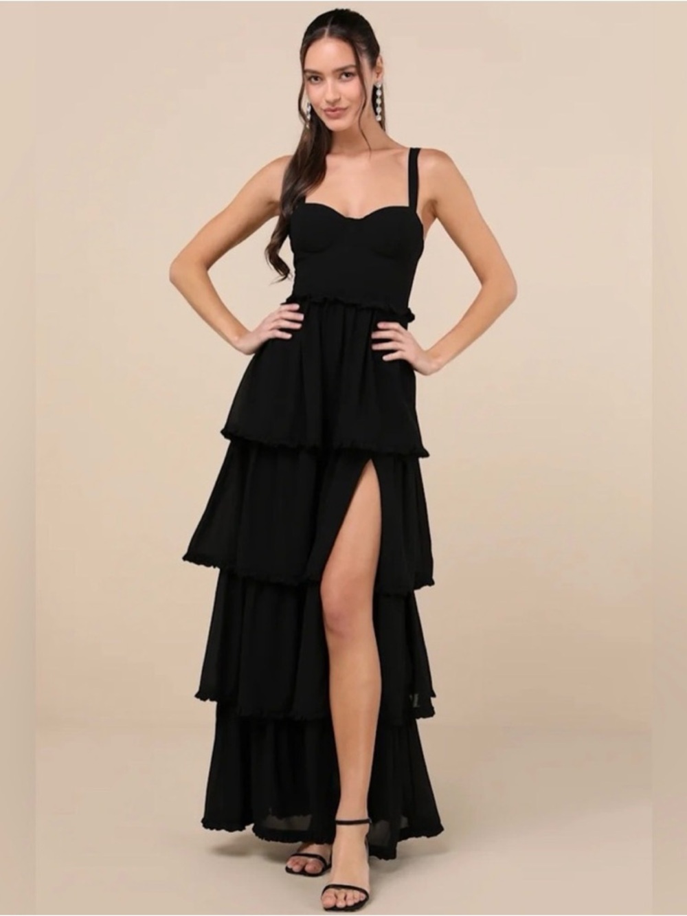 lulu’s Black Tiered Maxi Dress with Slit Bustier Medium women’s